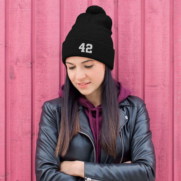 Black Pom-Pom Beanie Hat with Jersey Number